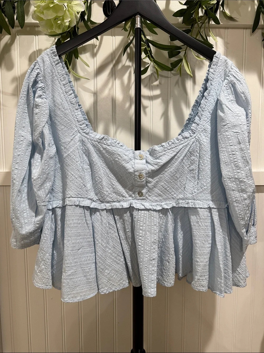#360 FREE PEOPLE Leave It To Me Pale Blue Square-Neck Peplum Puff Sleeve NWT L